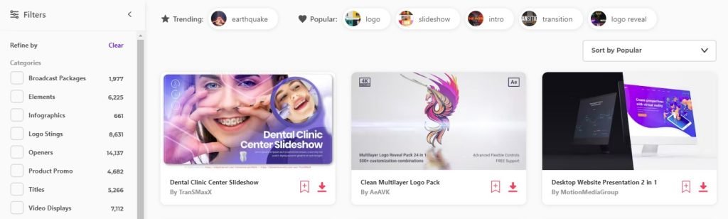 Envato Elements After effects template categories