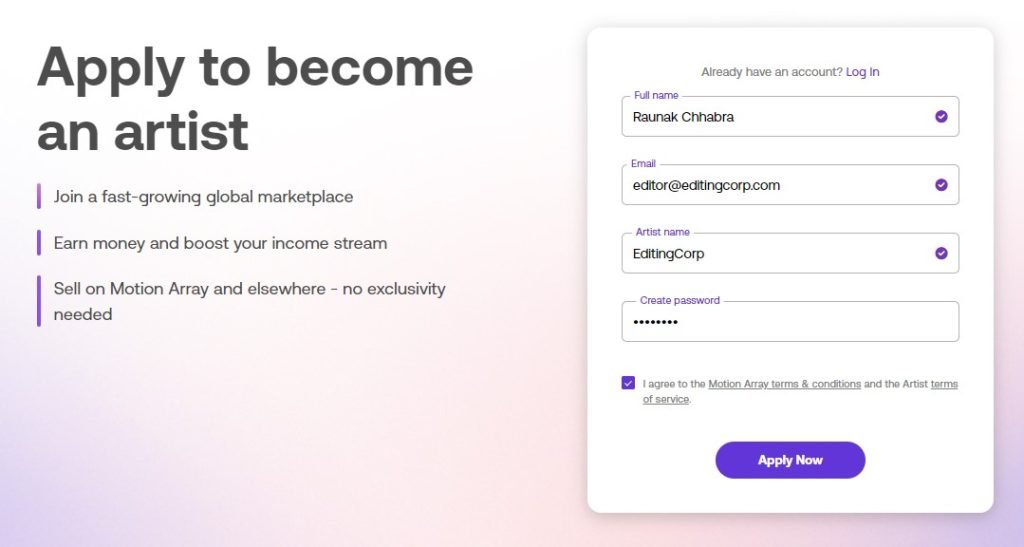Motion Array contributer form