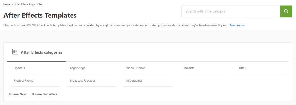 VideoHive search and filter options