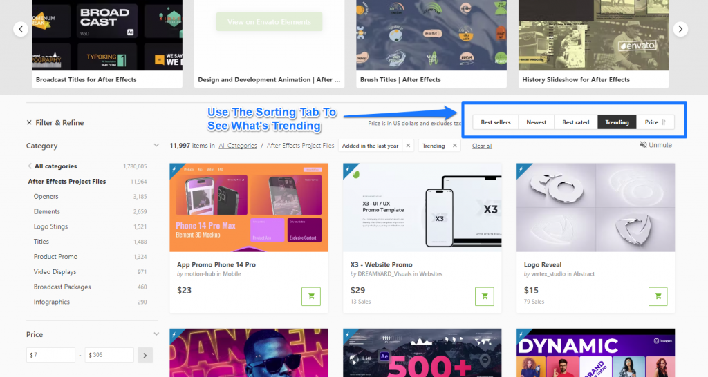 Videohive product sorting tab