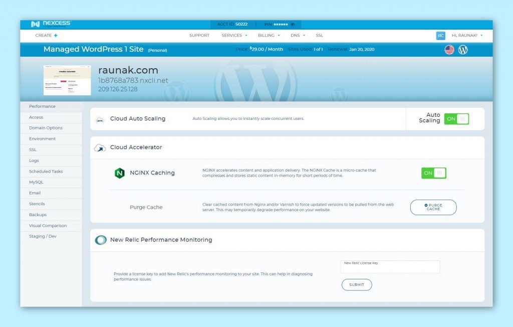 Nexcess web hosting dashboard